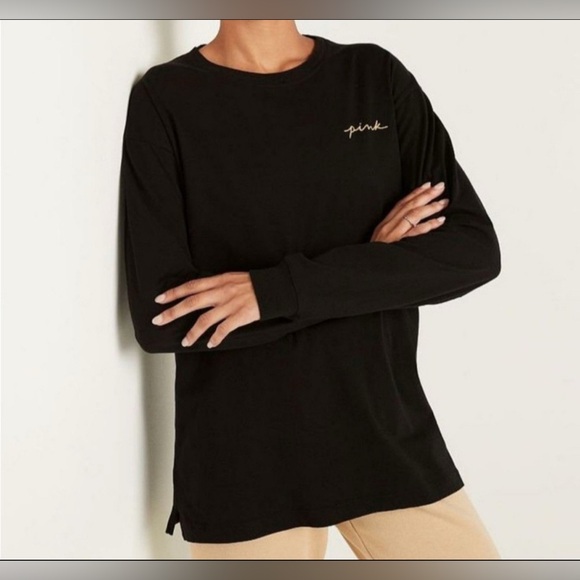 VS PINK LONG SLEEVE CAMPUS TEE SHIRT BLACK SPOOKY HALLOWEEN HTF RARE NWOT XL - Picture 3 of 4